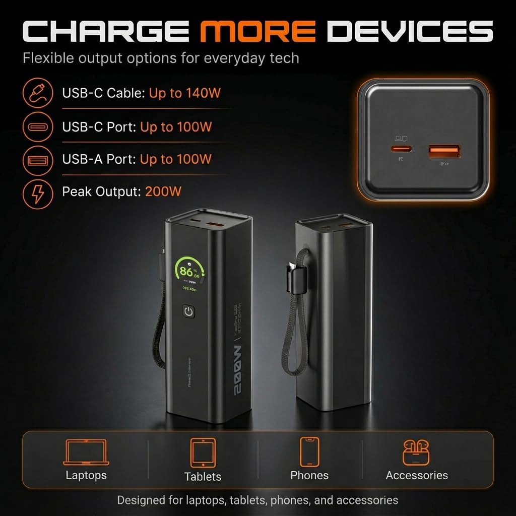 ReelPro Portable Charger Power Bank 20000mAh, 165W Built In Cable
