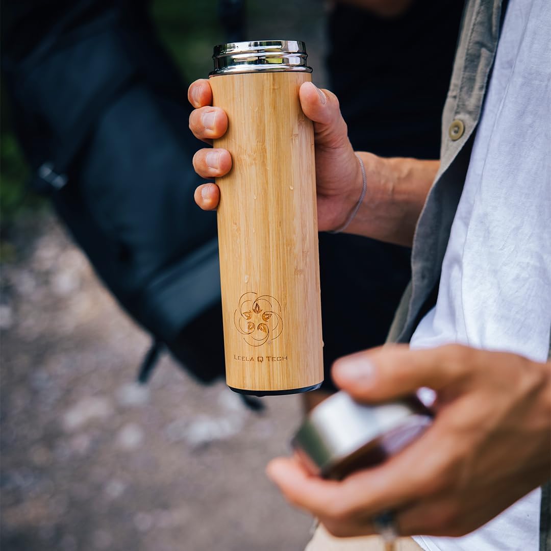 Leela Quantum Water Bottle in bamboo design, Vacuum Seal Leak-proof Lid, Cold or Hot Liquids - 500ml/16.91 Fl Oz, handmade & allergen-free, refined with quantum energy, Great for travel & hiking