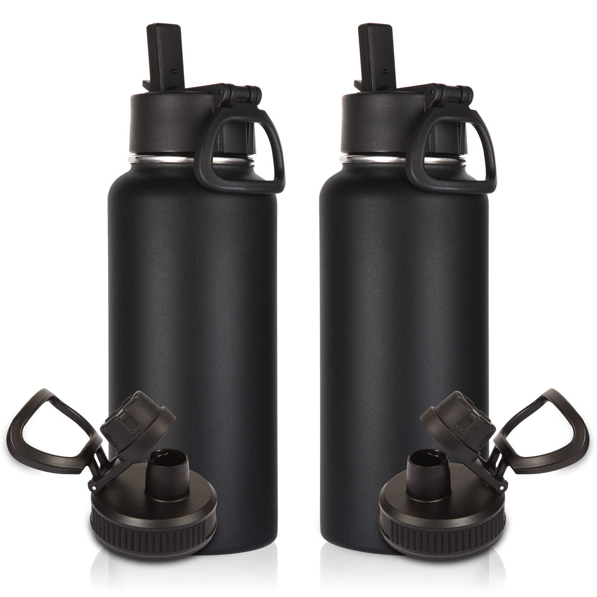 Volhoply 32oz Insulated Water Bottle with Straw Lid, Black, 8-Pack