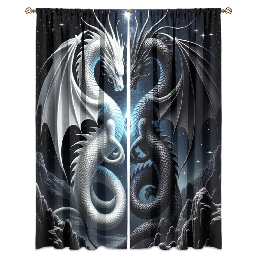 Dreamy Pink Wildlife Dragon Curtains-Fantasy Medieval Castle Rod Pocket Back Tab Window Drapes,Mythological Dragon Floral Roses Thermal Insulated Blackout Curtain,2pcs,Each 52“W x 96”L