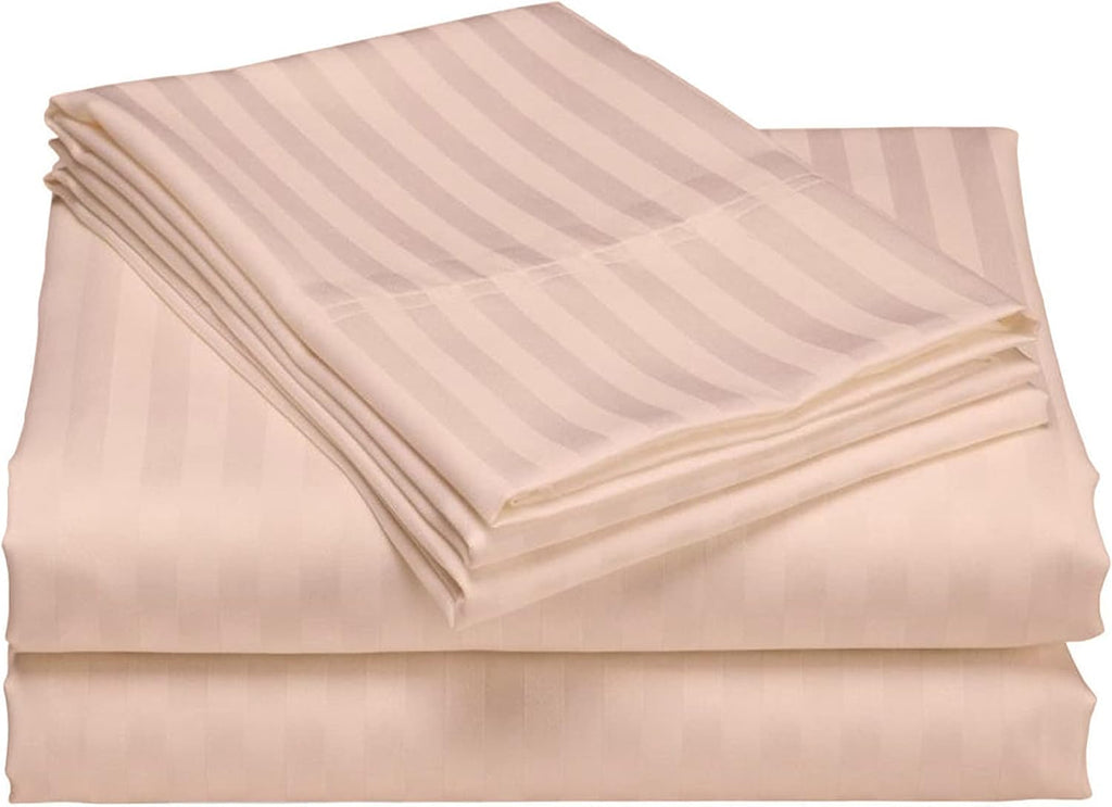 USA Queen Sheet Set in Peach Stripe 400 Thread-Count 100% Egyptian Long Staple Cotton, Sateen Weave for Soft and Silky Feel, Breathable 4-Piece Bedsheet, Elasticized 24'' Extra Deep Pocket