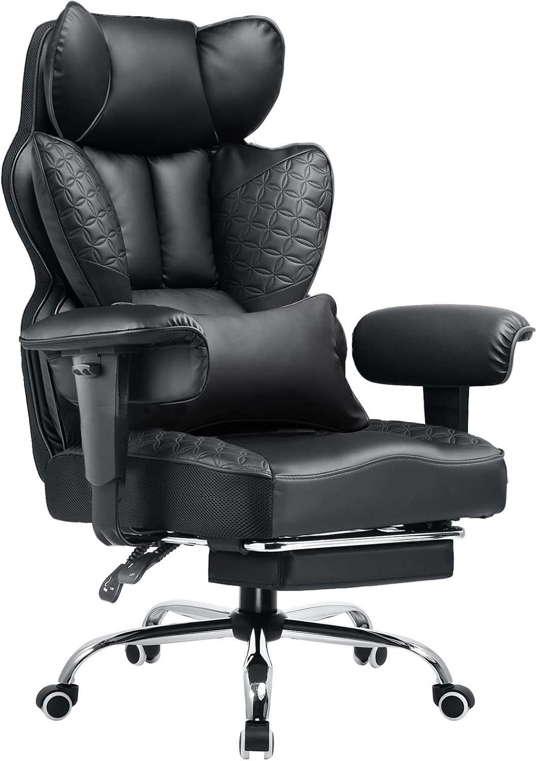 COMHOMA Big and Tall Office Chair Heavy Duty Wide Ergonomic Gaming Chair with Deluxe Embossing Designed Leather with Foot Rest, 145°Reclining Adjustable Armrests Pocket Spring Back Support and Pillow