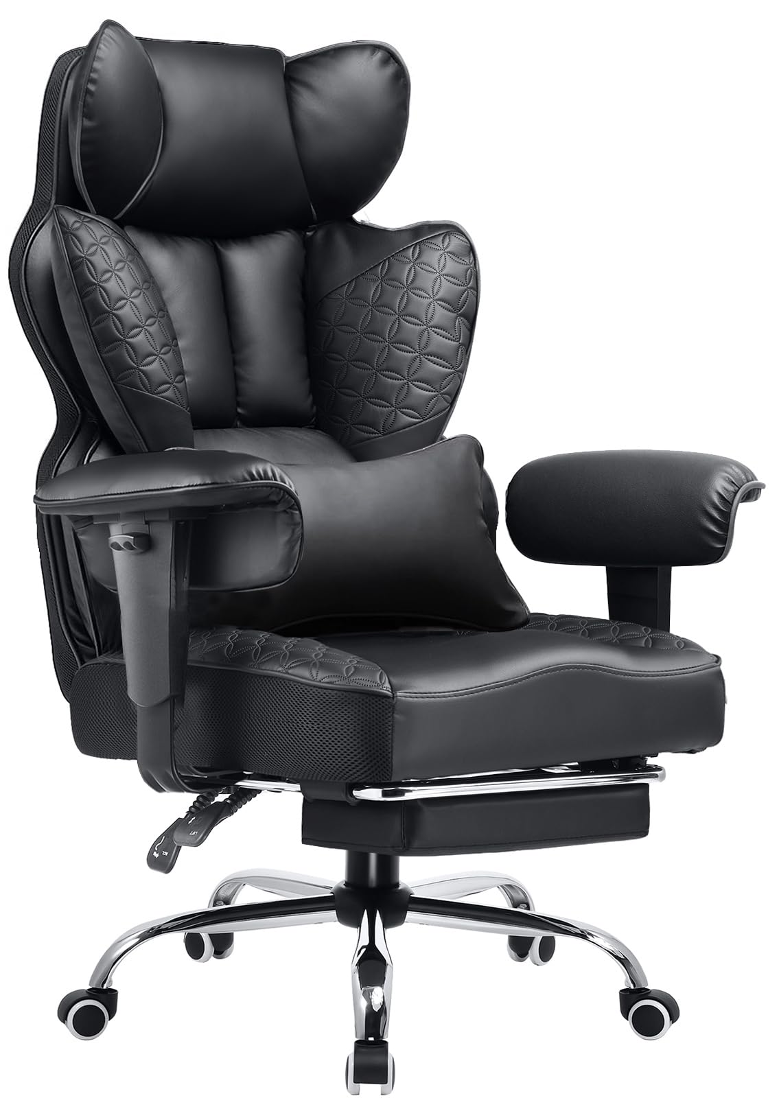 COMHOMA Big and Tall Office Chair Heavy Duty Wide Ergonomic Gaming Chair with Deluxe Embossing Designed Leather with Foot Rest, 145°Reclining Adjustable Armrests Pocket Spring Back Support and Pillow