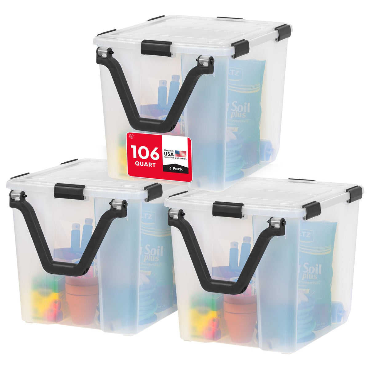 IRIS USA 3-Pack 156 Qt Storage Bins with Gasket Lids, Clear/Black