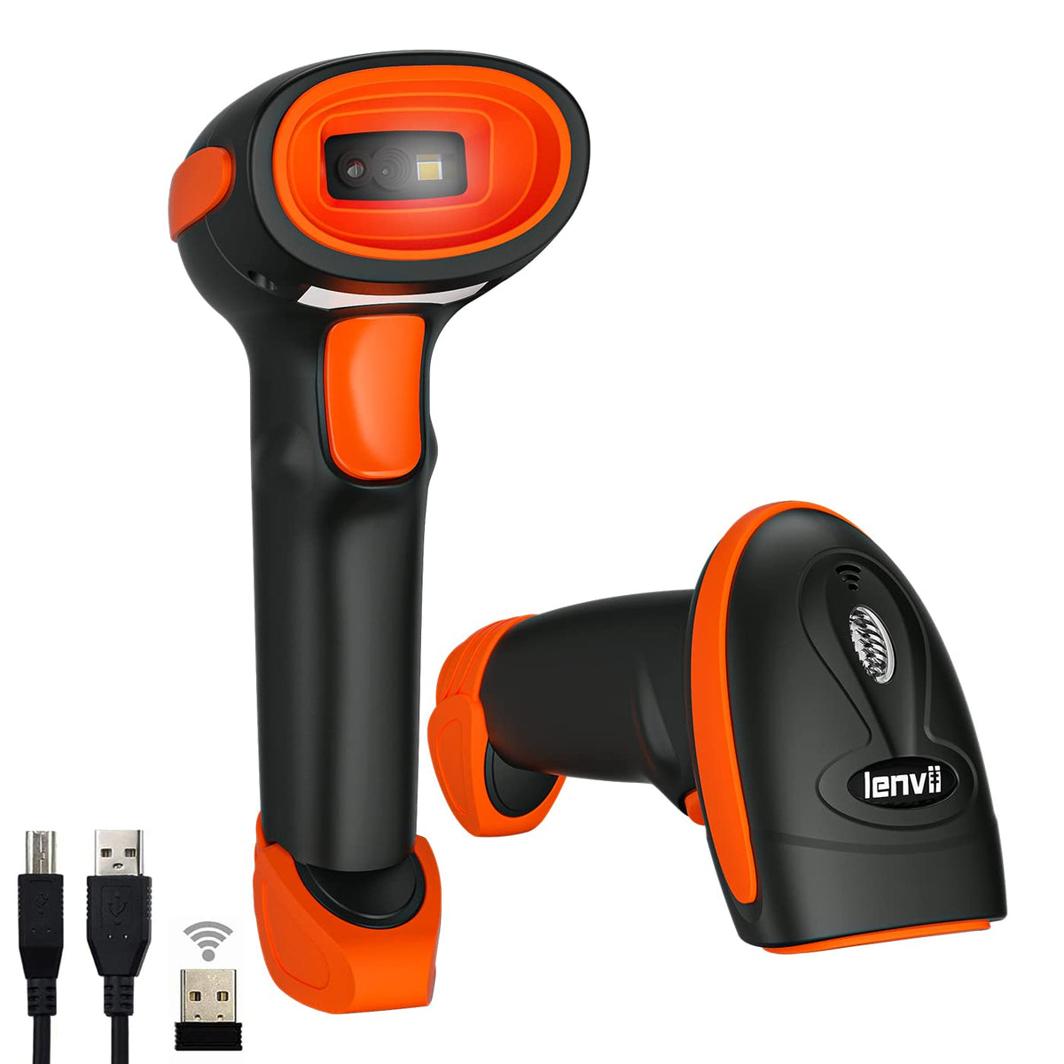 LENVII CW200 2D Barcode Scanner Wireless 2 in 1 Handhold Barcode Reader QR Code Scanner USB Bar Code Scanner for Shop use Store,Supermarket, Warehouse (Orange)