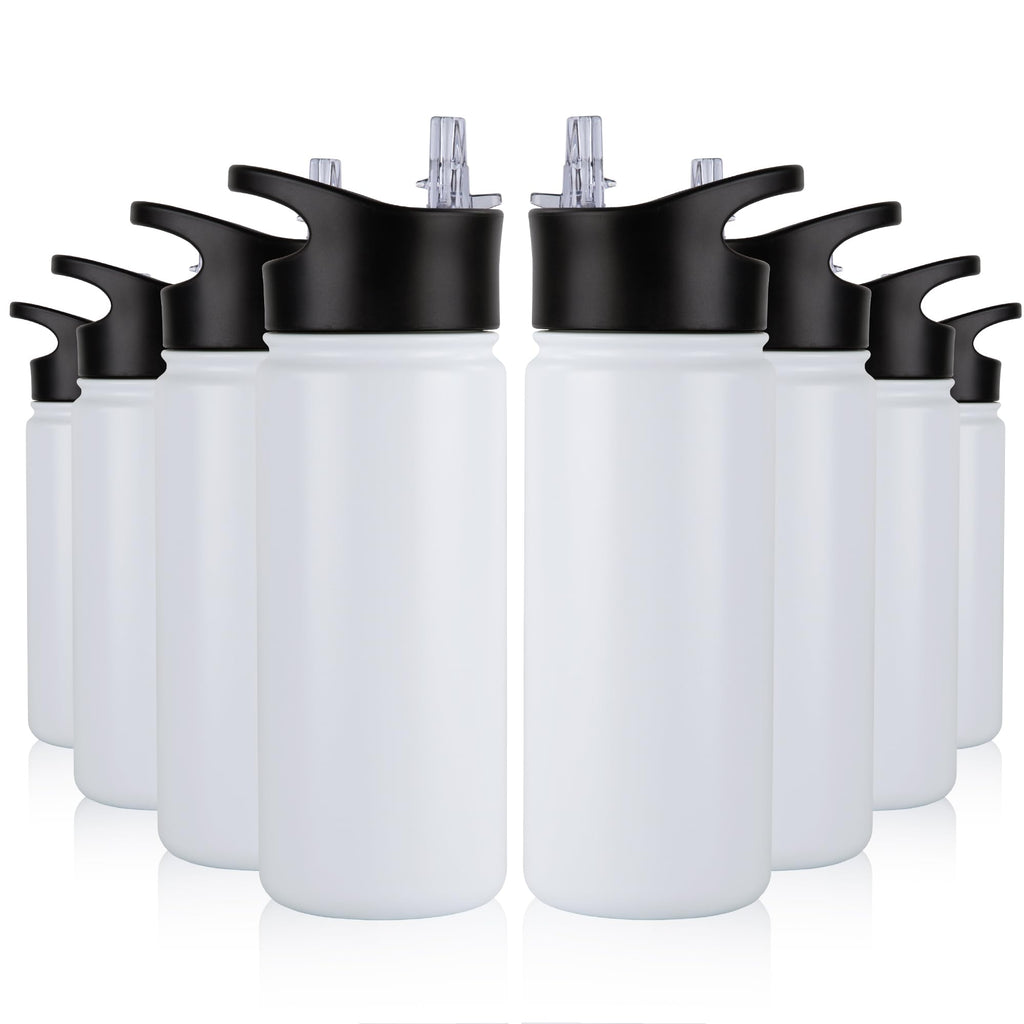 32 oz Insulated Water Bottle Bulk 8 Pack, Stainless Steel Sports Water Bottles with Straw Lid & Wide Mouth Lids, Double Walled Vacuum, Leak Proof, White