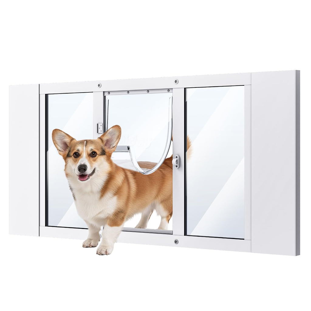 Dog Door for Window, Aluminum Frame Window Pet Door, Adjustable to Fit 27"-32" Width Sliding Windows, Magnetic Closure, Fits Dogs up to 100lb, Large