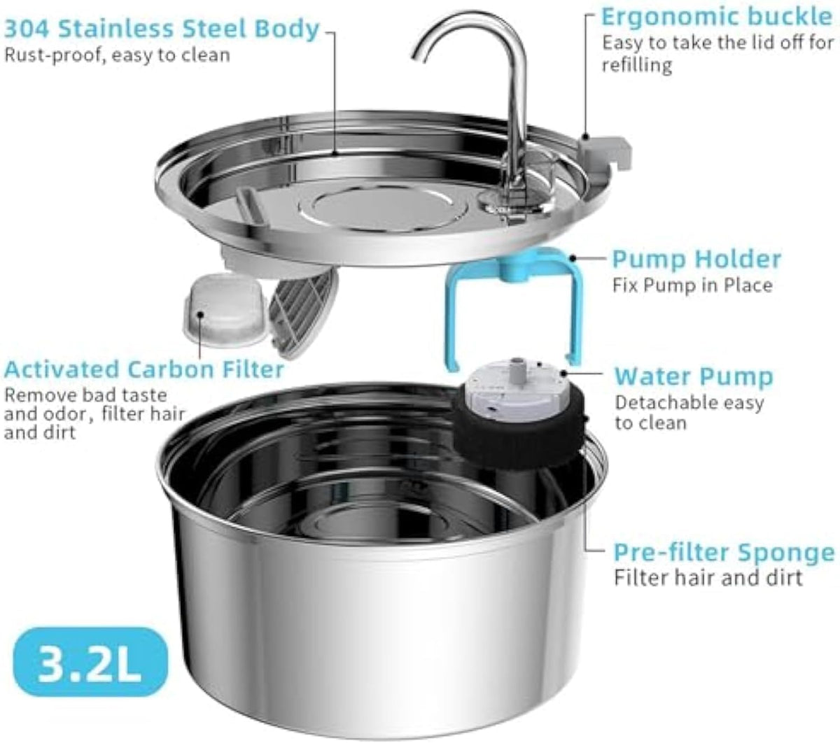 Cat Fountain, 3.2l/7l Water Fountain for Small Dogs, Super Quiet Stainless Steel Fountain Water Bowl for Small Cats Dogs (Silver, 7L-with 10 Filter Element)