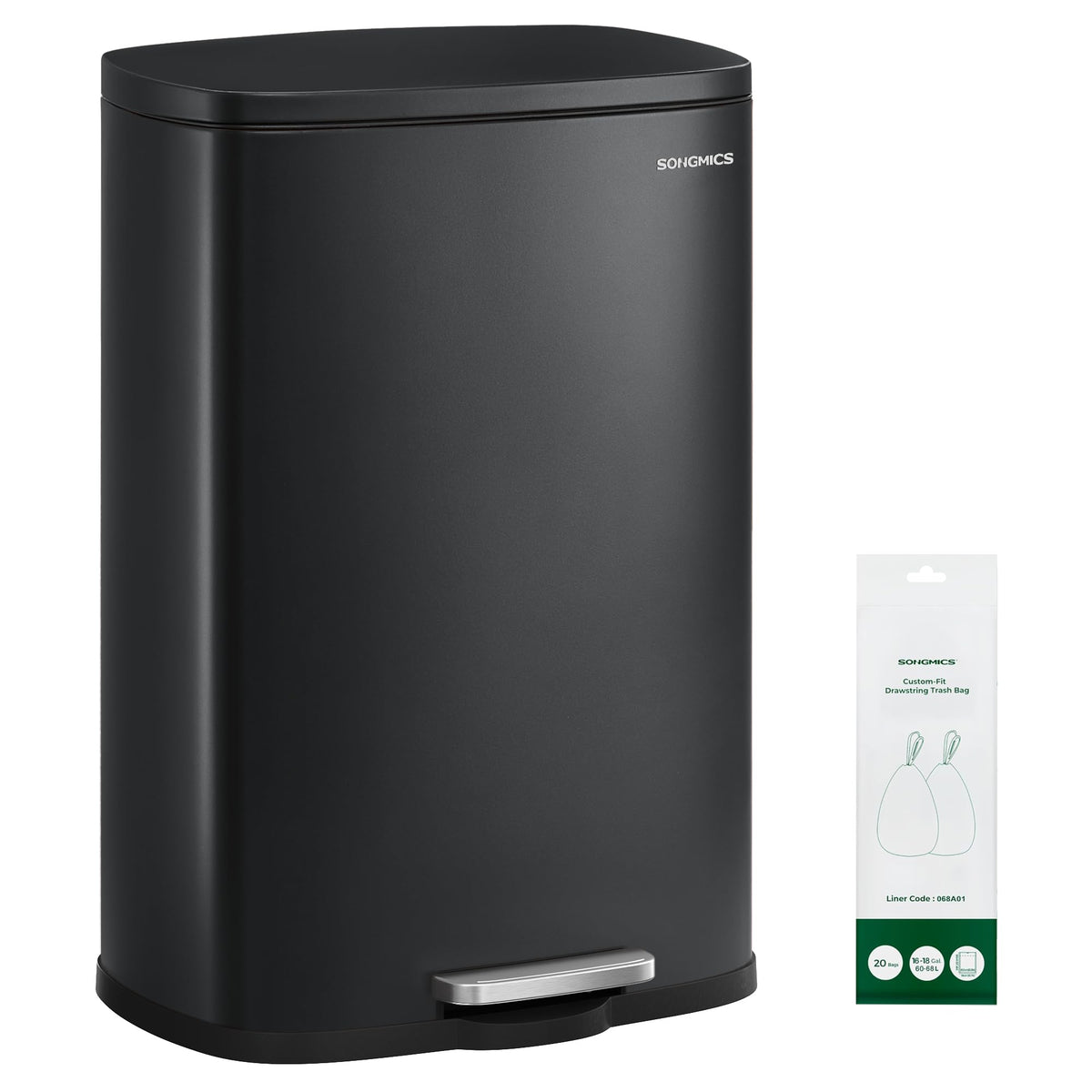 SONGMICS 20 Gallon (75 L) Trash Can, Stainless Steel, Step-On Pedal