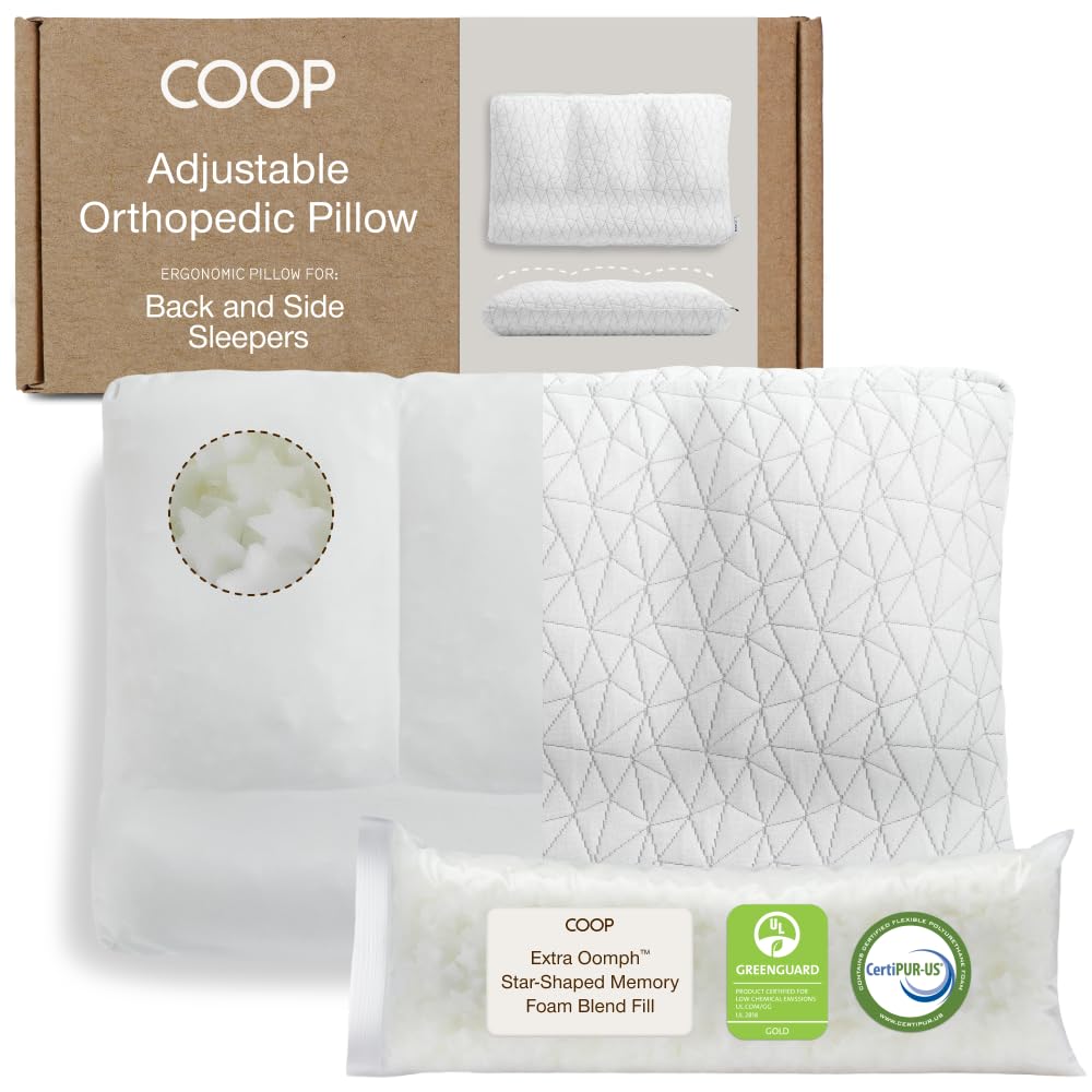 Coop Home Goods Adjustable Orthopedic Pillow Queen, Ergonomic Cervical Neck Support, Memory Foam Pillows for Side & Back Sleepers, Breathable, Washable Cover, GREENGUARD & CertiPUR-US Certified
