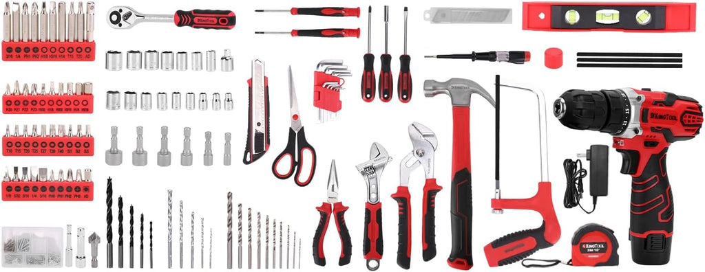 KingTool 276-Piece Tool Set Kit with 12V Cordless Power Drill (Red Black)