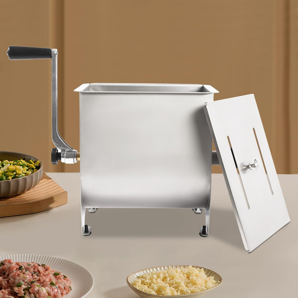 20lb Manual Meat Mixer Stainless Steel Meat Grinder Heavy Duty Meat Mixing Machine for Sausage,with Lid and Handle