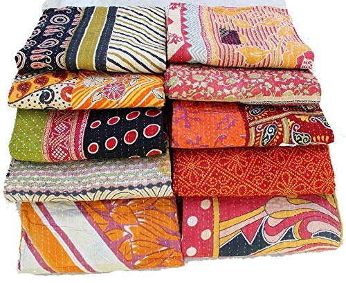 Handmade Vintage Kantha Quilt 3-Layer Cotton Blanket, Bohemian Kantha Throw, Reversible Patchwork Gudari Blanket for Bed, Couch, Sofa (54 x 84 1pices)