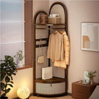 Freestanding Entryway Coat with Hooks, Boho Floor Standing Clothes Rack with Shoes Shelf, Rattan Clothes Rack Corner for Bedroom, Living Room, Hallway 17''x17''x76''(Brown A)
