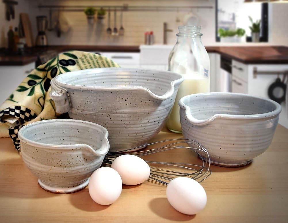 Stoneware Pottery Batter Bowls, 3-Piece Set, Classic All-White Glaze