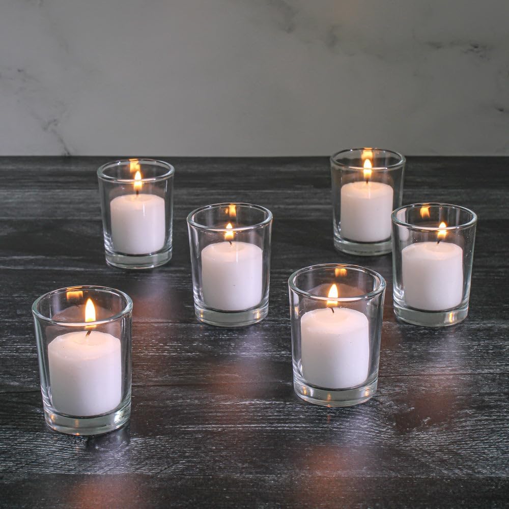 Set of 144 Richland Votive Candles White Unscented and 144 Clear Glass Eastland Votive Holders