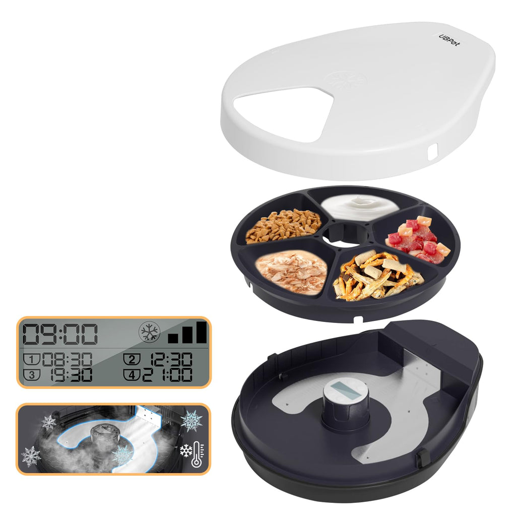 UBPET Smart Automatic Cat Feeder with Cooling & Heating, APP Control Dual-Temp Feeder for Wet/Dry/Raw Food, 24H Freshness, 4-Grid Tray, Anti-Pinch for Cats & Small Dogs (2-10kg)