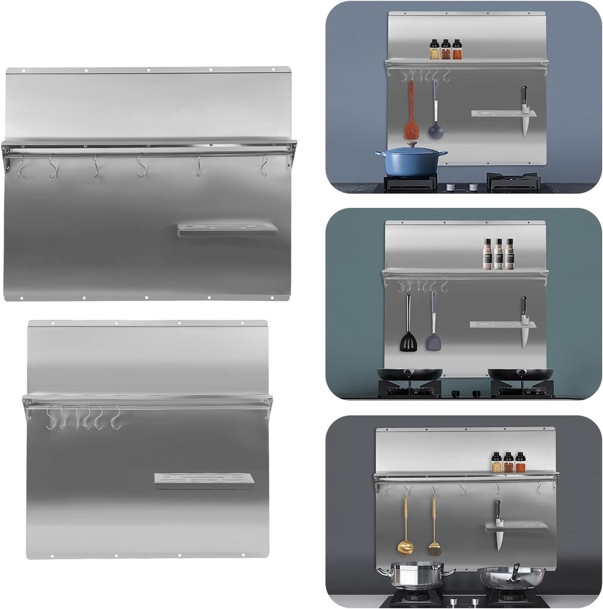 Range Backsplash with Shelf Range Hood Wall Shield, Stainless Steel Backsplash Silver Splash Plate, Backsplash with Built-in Storage Shelf and Hanging Rack For Home Use (Silver-30 x 30.7 Inch)