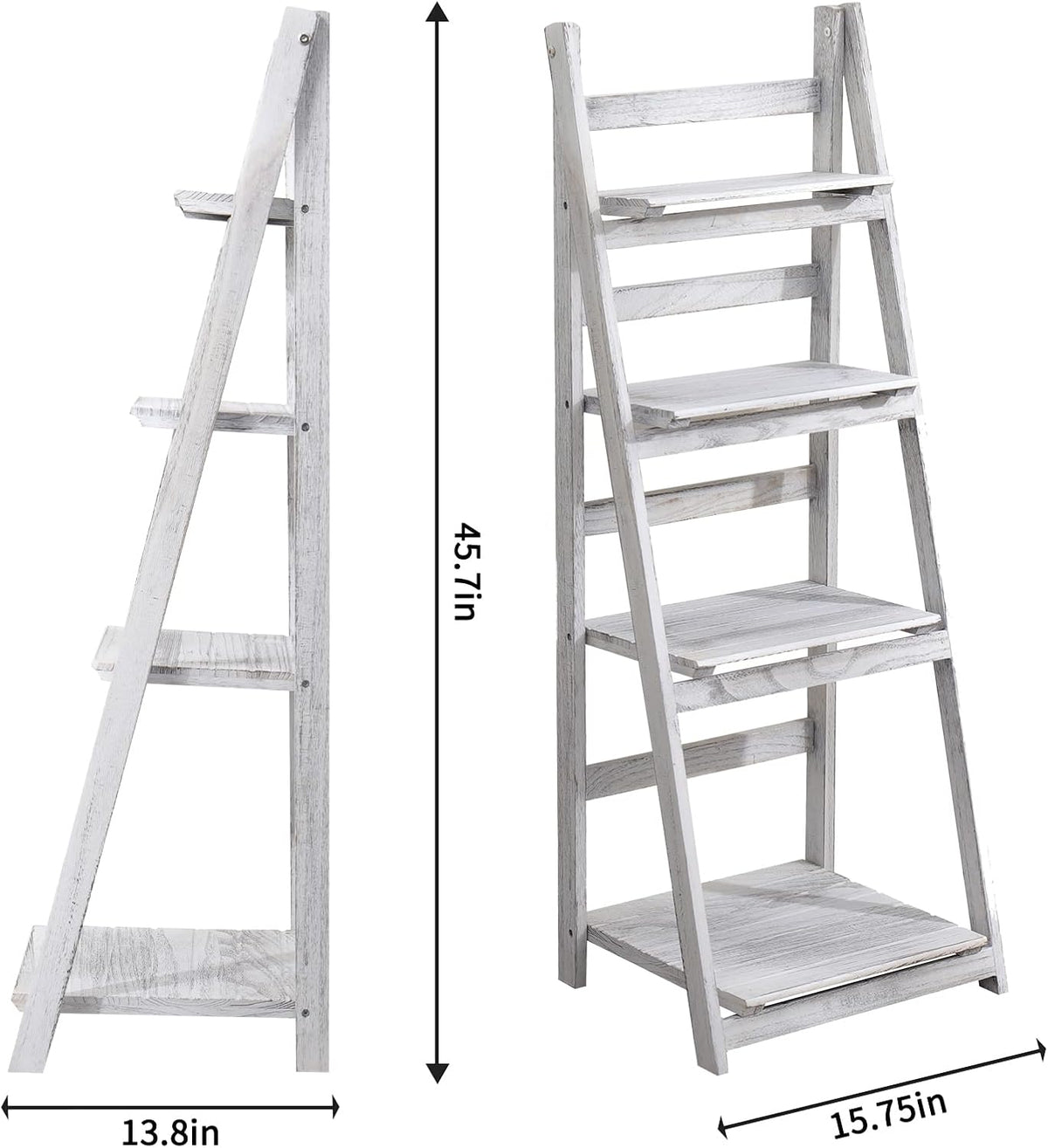 ACEHOME 4 Tier Ladder Bookshelf, 45.7 Inch Home Office Bookcase, Industrial Ladder Shelf, Freestanding Storage Organizer Rack, Solid Wood Shelf with for Bedroom, Living Room, Home Office-White