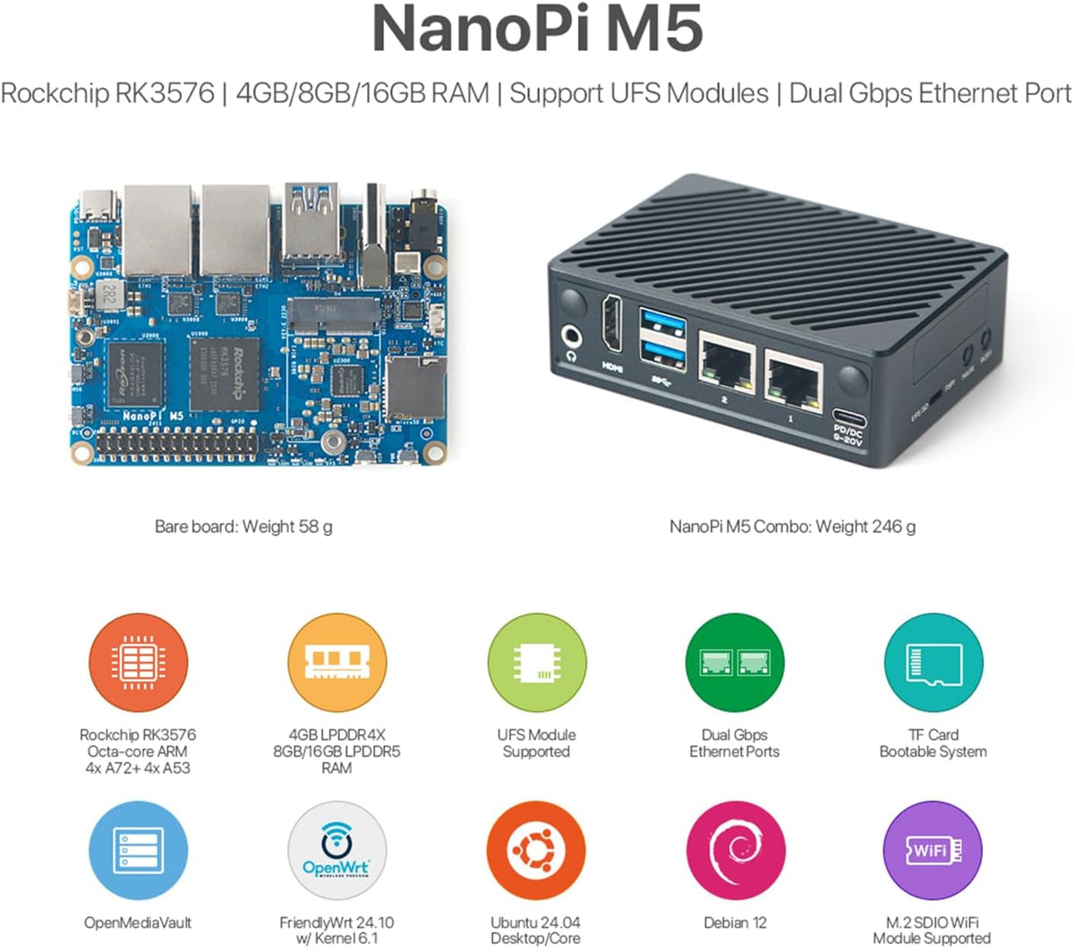 FriendlyElec Nanopi M5 Portable Mini Router OpenWRT - LPDDR5 8GB/16GB RAM 6TOPS NPU, RK3576 SoC with Al Model, Dual Gbps Ethernet for IoT NAS Smart Gateway (with WiFi Module, 4GB, TF Card Kit)