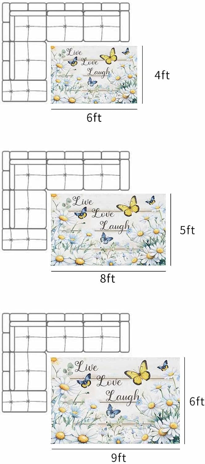 Summer Daisy Butterfly Outdoor Rug 5x8ft, Waterproof Indoor Outdoor Rug for Patio, Farmhouse Flowers Wooden Camping Carpet Mat Outside Area Rug for RV Picnic Beach Balcony Deck Backyard