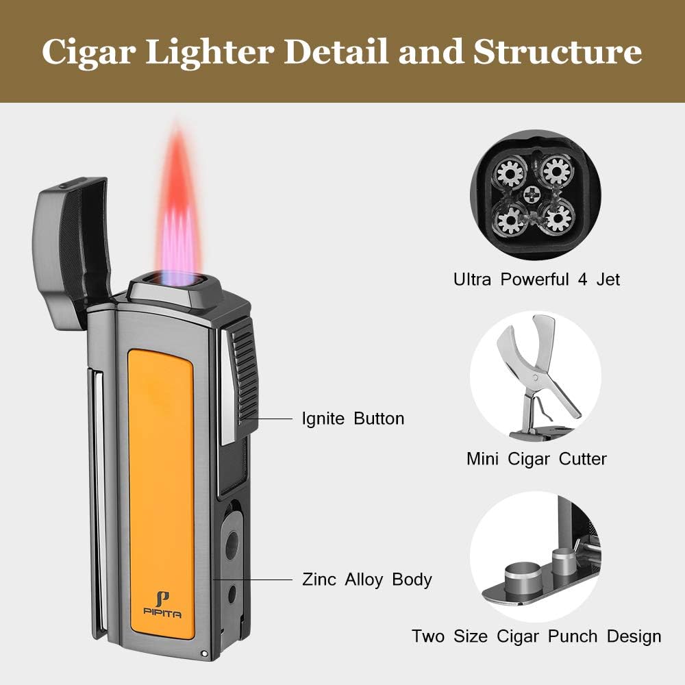 PIPITA Windproof Cigar Torch Metal Gas Cigarette Butane Lighter with Quad Blue Flame Refillable Lighter and Two Punch