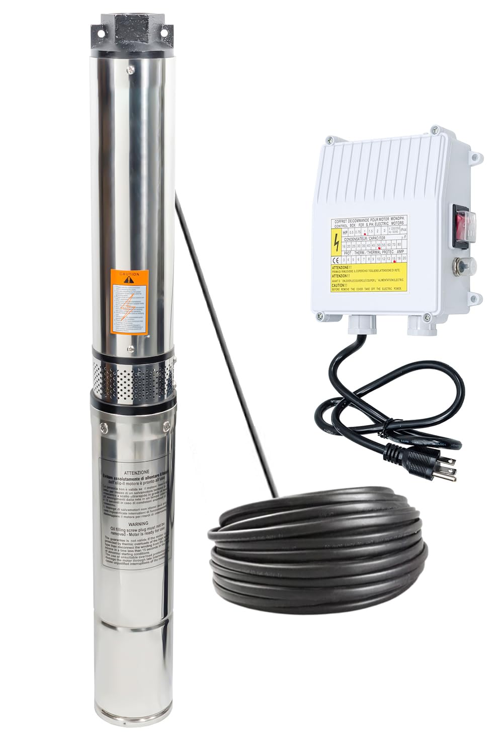 Deep Well Submersible Pump with Control Box 1HP 115V Well Pump Submersible Water Pump Stainless Steel 33 GPM,266ft Lift 100ft Power Cord ON/OFF Switch for 4" Deep Well