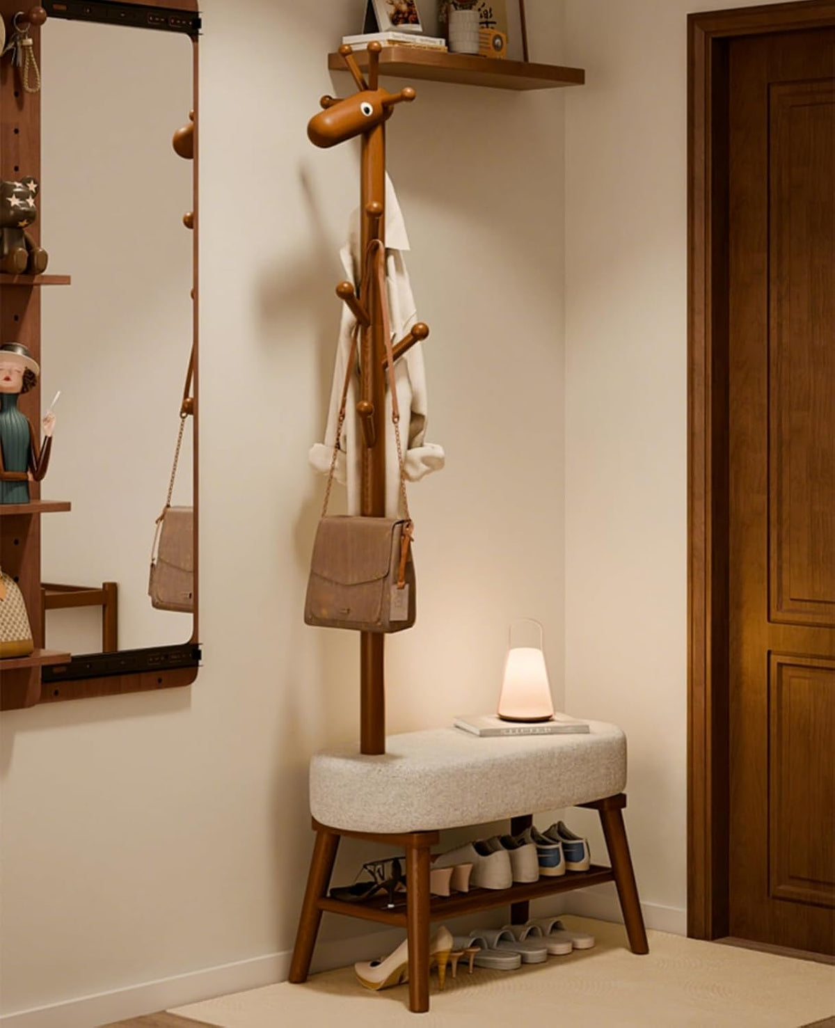 Solid Wood Shoe Bench & Coat Rack 2-in-1 - Removable for Entryway/Living Room (Walnut,23.6" L*14.1" W*68.5" H)