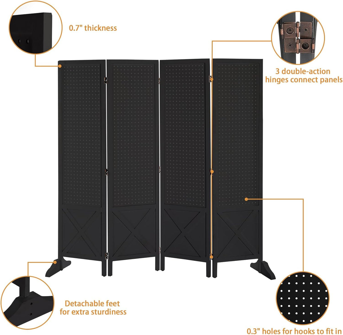 VINGLI Freestanding Pegboard with Support Feet, 5 FT Wood Room Divider Display Board Organizer, Folding Privacy Screen Partition Space Separator for Craft Shows Events Retail (Black, 4 Panel)