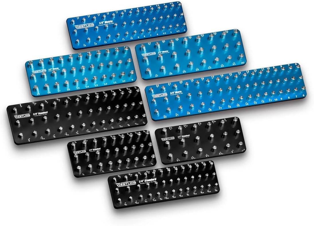 Westling USA Premium Aluminum Professional 8 Piece Socket Tray/Organizer Set, Holds 273 Standard and Metric Sockets (Black/Blue, 3 Row)