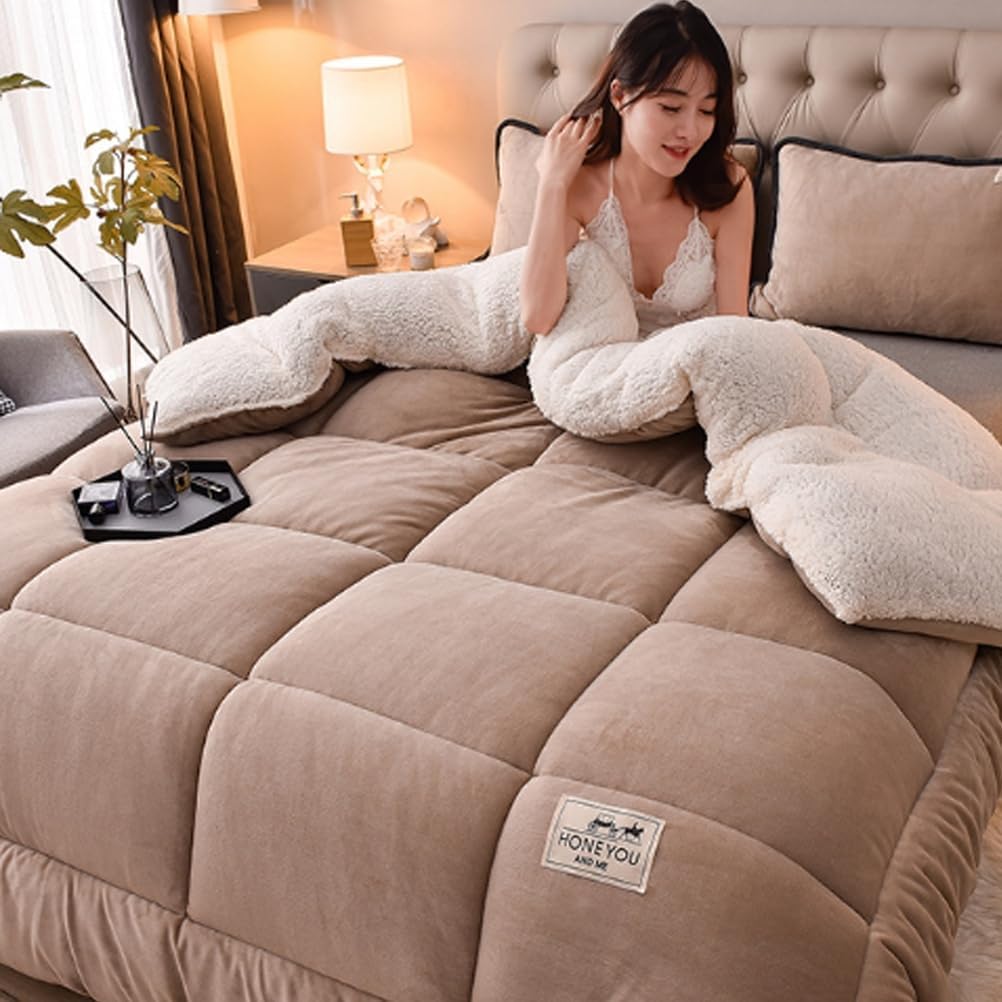 Thickened Super Warm Winter Quilt,Imitation Cashmere Super Warm Double-Sided Velvet Quilt Fluffy Plush Comforter Blanket for Cold Weather,Light Gray,200x230cm/5kg