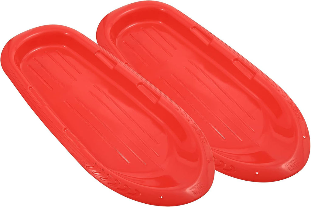 Superio Toboggan Snow Sleds for Kids and Adults, 2 Pack Heavy Duty Plastic Sliders with Handles and Hole for Pull Ropes- Kid and Adult Winter Fun