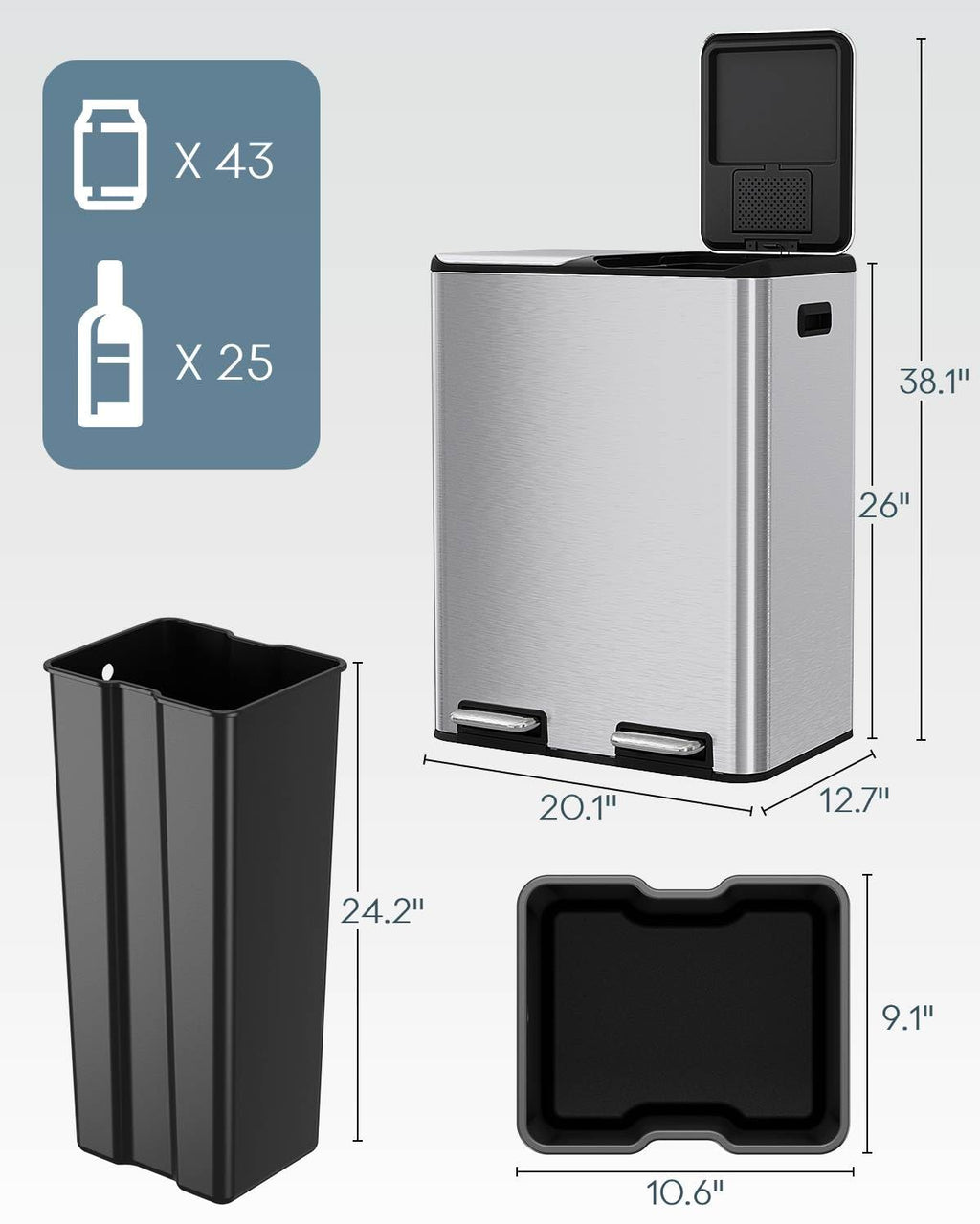 ComfyCorner 16 Gal (2 x 30 L) Dual Trash Can with Odor Control Box