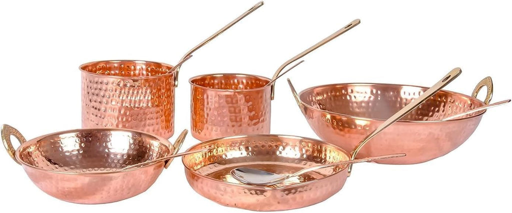 Pure cooper Cookware Set 10 Piece Set with Serving Spoon (Copper Sauce Pan Set | Copper Kadhai Set | Fry Pan) with Brass Handle for Cooking Purpose