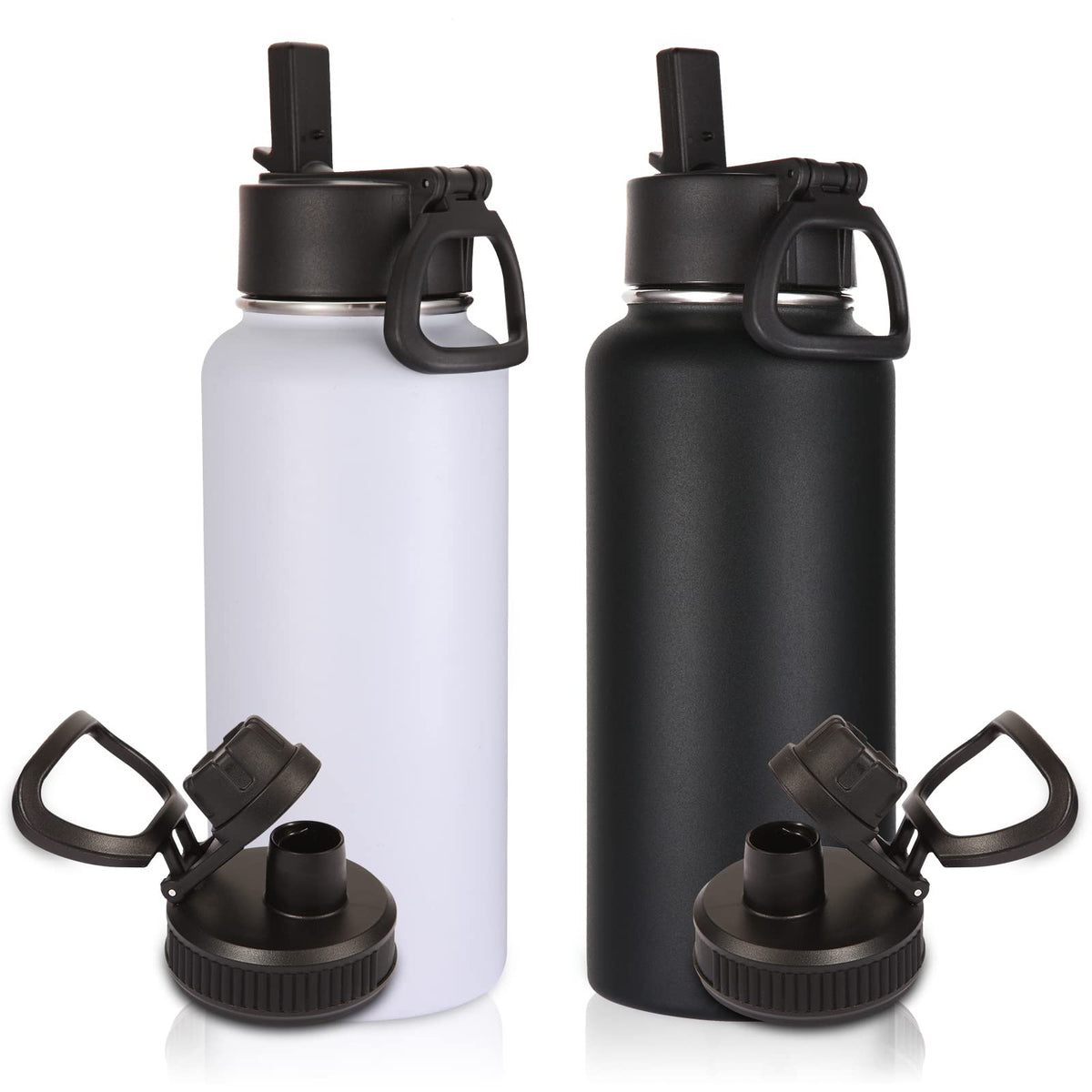 Volhoply 32oz Insulated Water Bottle with Straw Lid, Black, 8-Pack