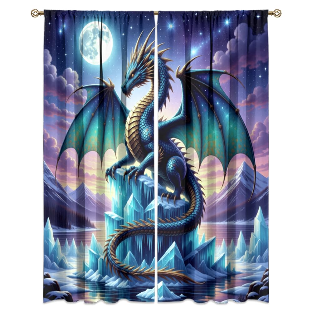 Dreamy Pink Wildlife Dragon Curtains-Fantasy Medieval Castle Rod Pocket Back Tab Window Drapes,Mythological Dragon Floral Roses Thermal Insulated Blackout Curtain,2pcs,Each 52“W x 96”L