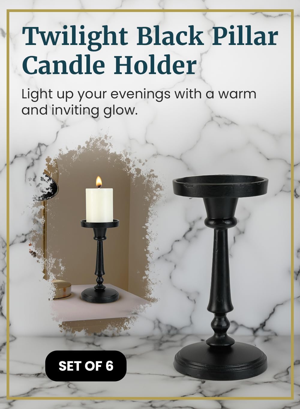 Serene Spaces Living Twilight Black Pillar Candle Holder, Elegant Cast Iron Candle Stand for Home Décor, Weddings, Birthdays, Cozy Evenings - Sturdy Base, 4.25" Diameter & 8.75" Tall, Pack of 6