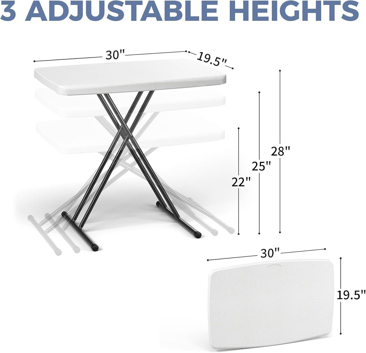 30 Inch Folding Table, Adjustable Height Portable Folding Table, Foldable TV Tray Table, Small Laptop Desk & Picnic Table for Indoor Outdoor Use, Bedroom, Camping, Patio, BBQ, RV