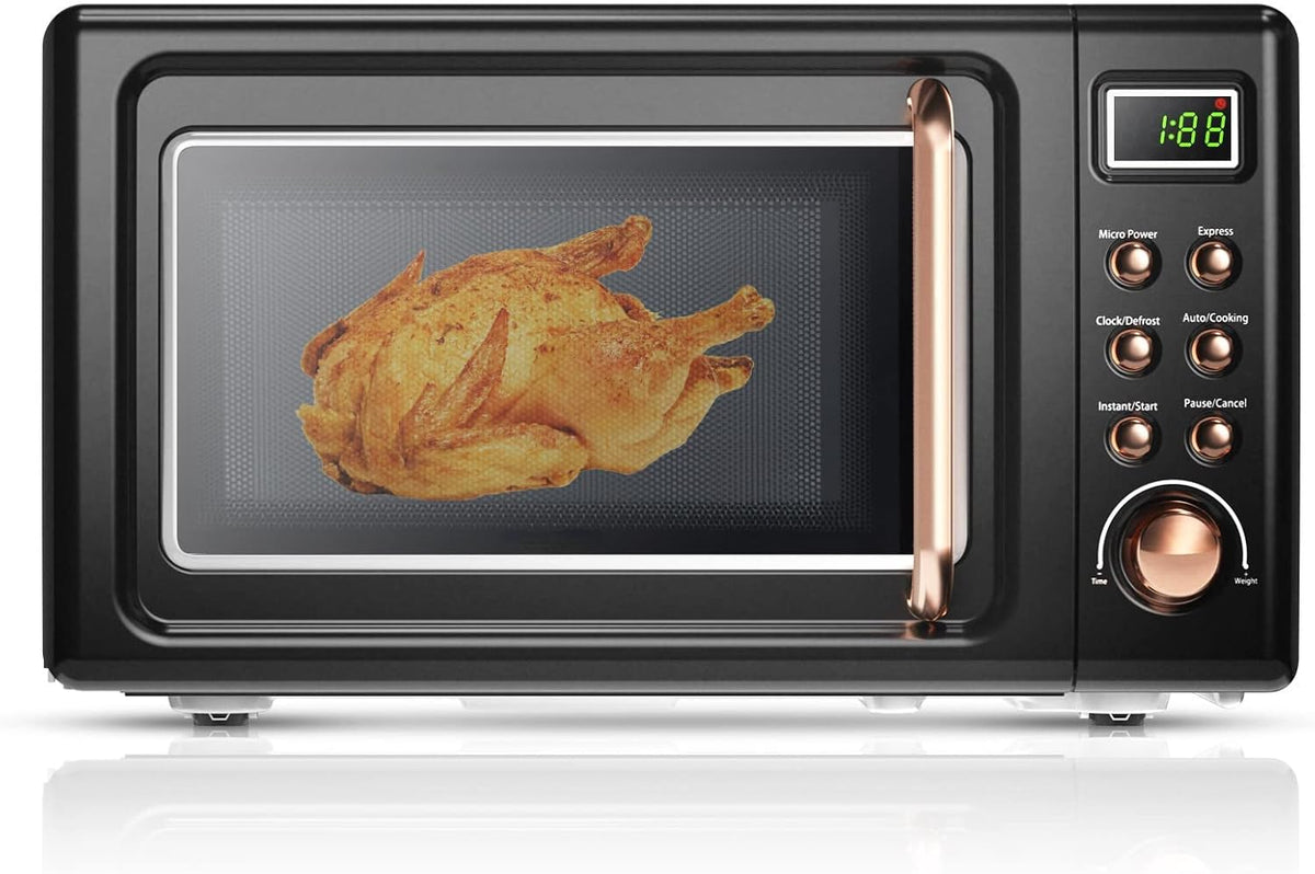 MAT EXPERT 0.7 Cu.ft Compact Microwave Oven, Digital Timing & Child Lock, Small Microwave w/Glass Turntable & 6 Preset Buttons, Delayed Start Function, 700W Mini Microwave w/5 Micro Power (Golden)
