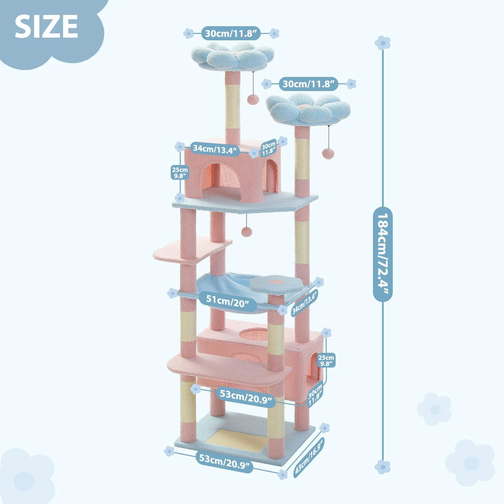 PAWZ Road Flower Cat Tree 72" Cat Tower with Condos&Hammock for Large Cats
