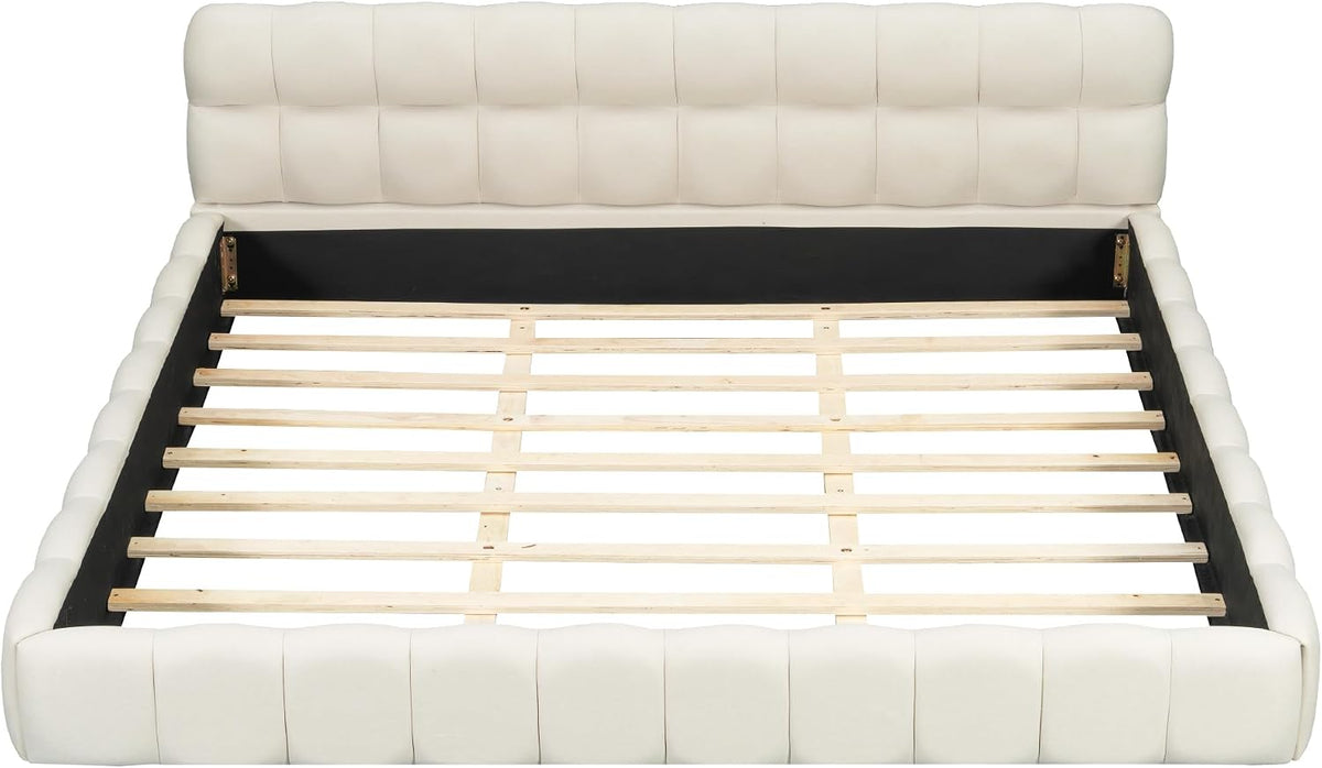 Grounded Bed Upholstered Platform Bed with Unique Design Thick Fabric Headboard, Wood Platform Bed Frame for Kids Adults Bedroom Furniture, Upholstered Floor Bed (Beige-1, King)