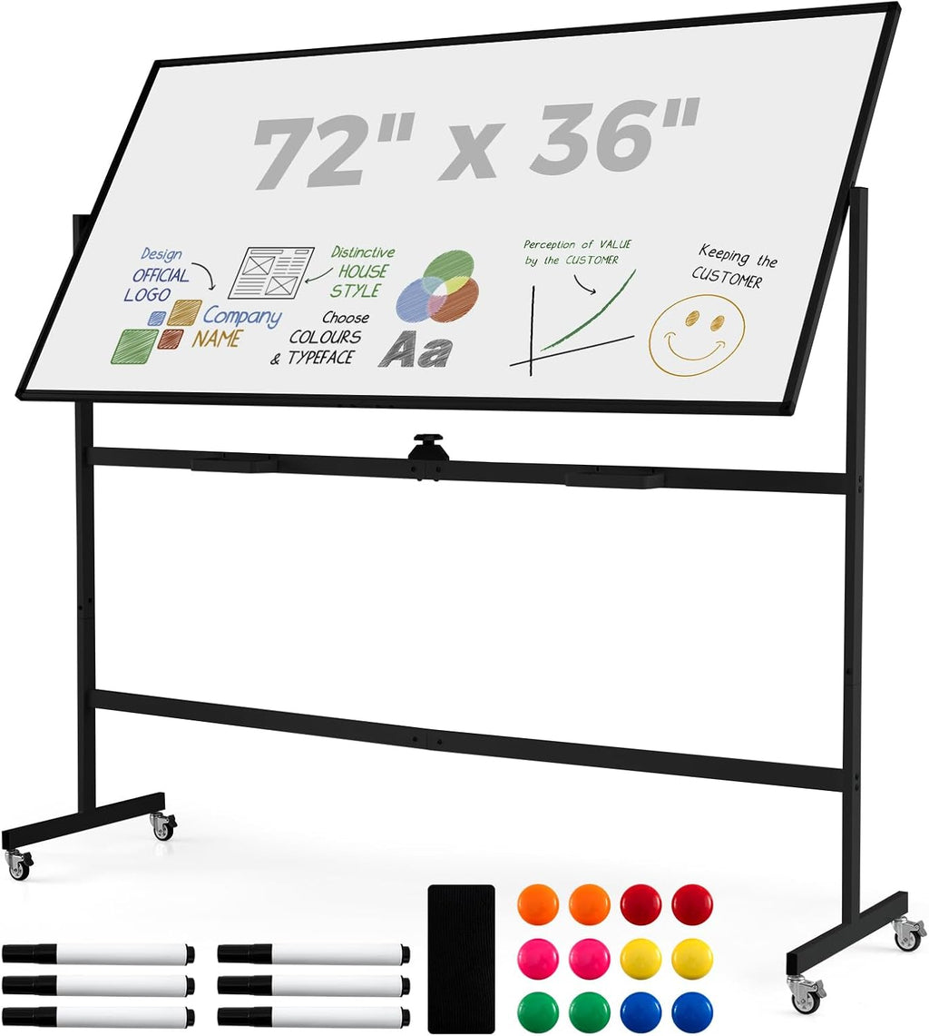 Double-Sided Mobile Whiteboard on Wheels, 72" x 36" Large Dry Erase Board with Stand & Aluminum Alloy Frame, Rolling Magnetic Standing Whiteboard for Office & Classroom (Black)