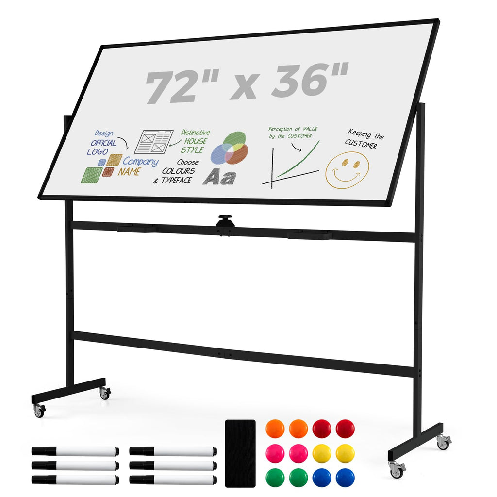Double-Sided Mobile Whiteboard on Wheels, 72" x 36" Large Dry Erase Board with Stand & Aluminum Alloy Frame, Rolling Magnetic Standing Whiteboard for Office & Classroom (Black)