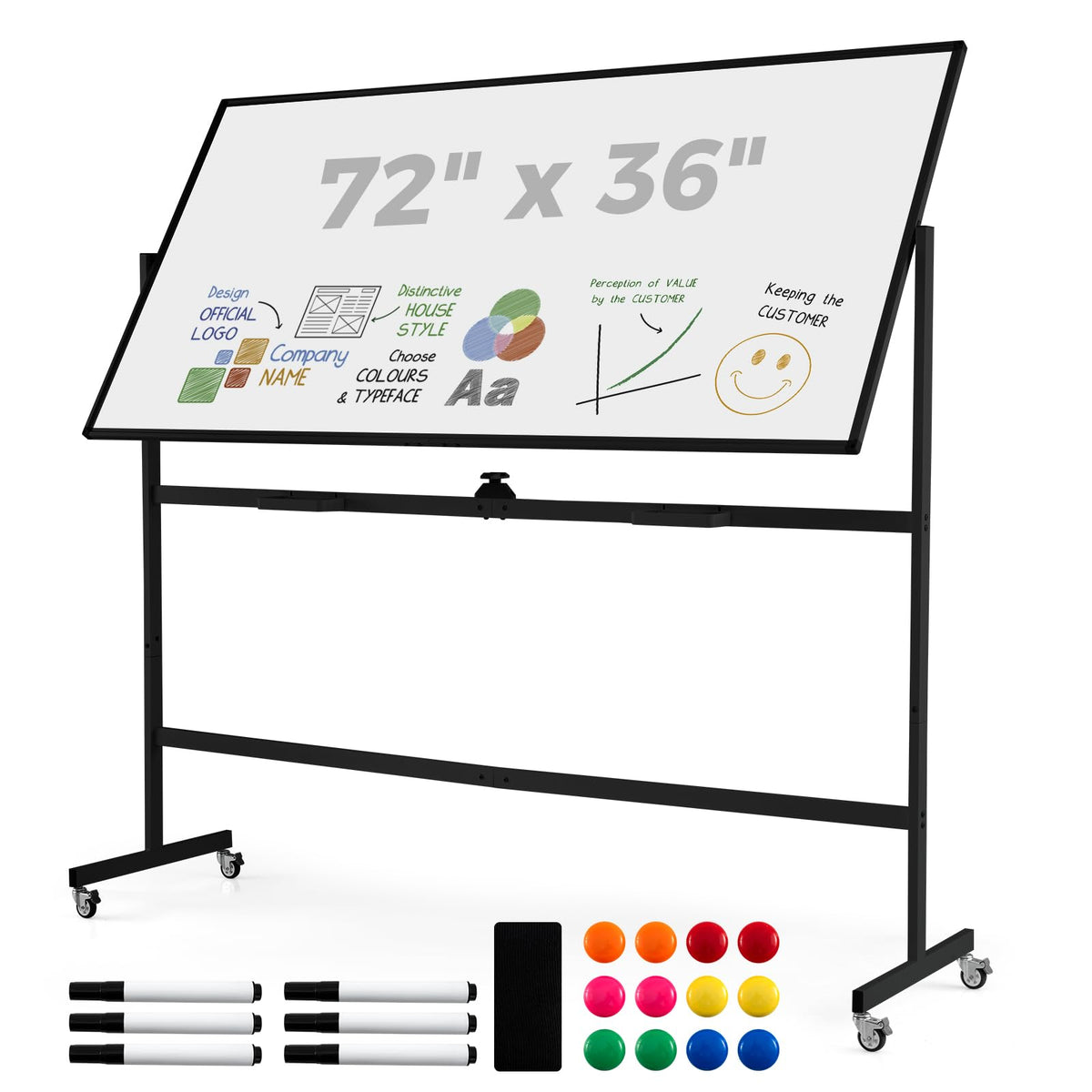 Double-Sided Mobile Whiteboard on Wheels, 72" x 36" Large Dry Erase Board with Stand & Aluminum Alloy Frame, Rolling Magnetic Standing Whiteboard for Office & Classroom (Black)