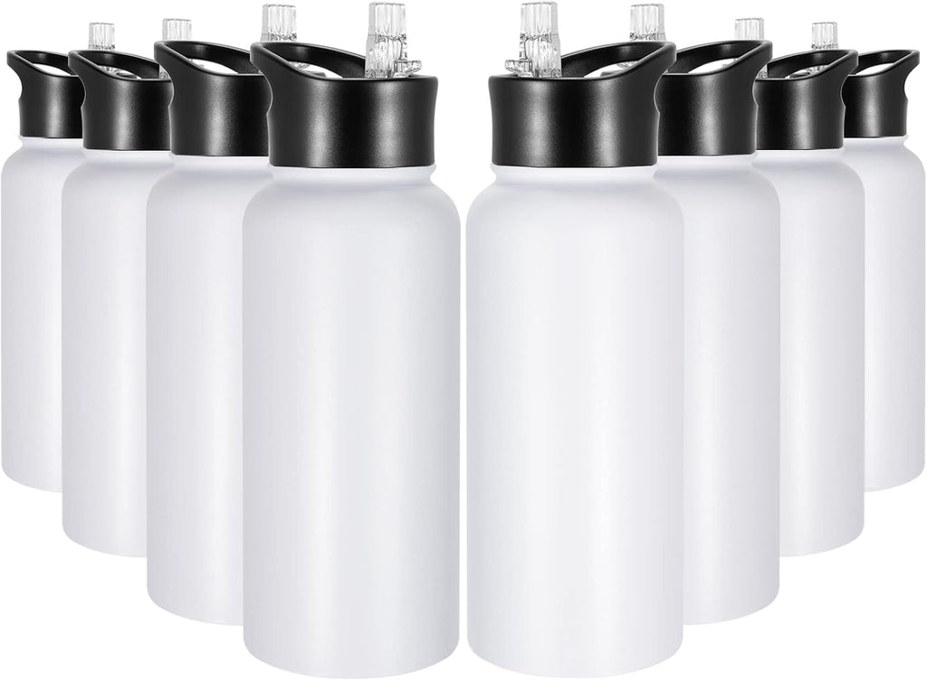 32 oz Insulated Water Bottle Bulk 8 Pack, Stainless Steel Sports Water Bottles with Straw Lid & Wide Mouth Lids, Double Walled Vacuum, Leak Proof, White