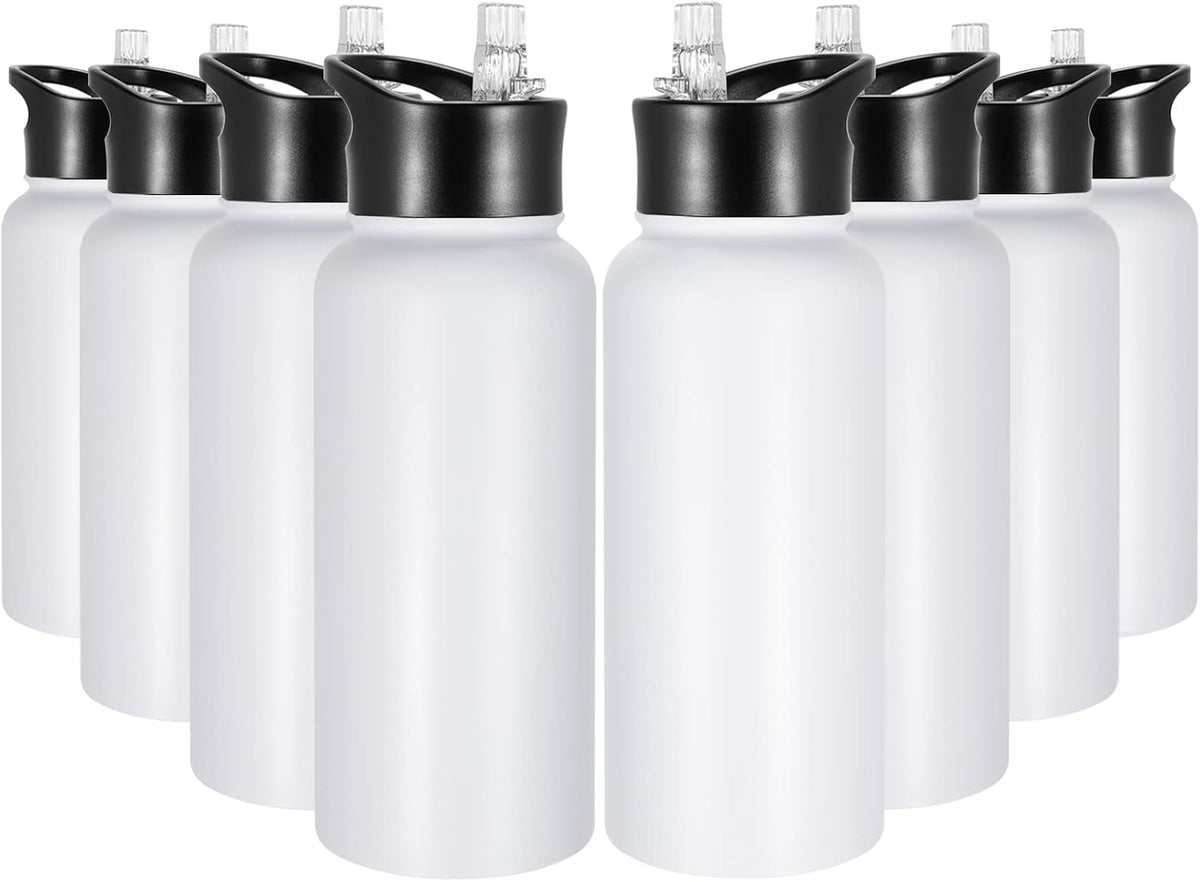 32 oz Insulated Water Bottle Bulk 8 Pack, Stainless Steel Sports Water Bottles with Straw Lid & Wide Mouth Lids, Double Walled Vacuum, Leak Proof, White