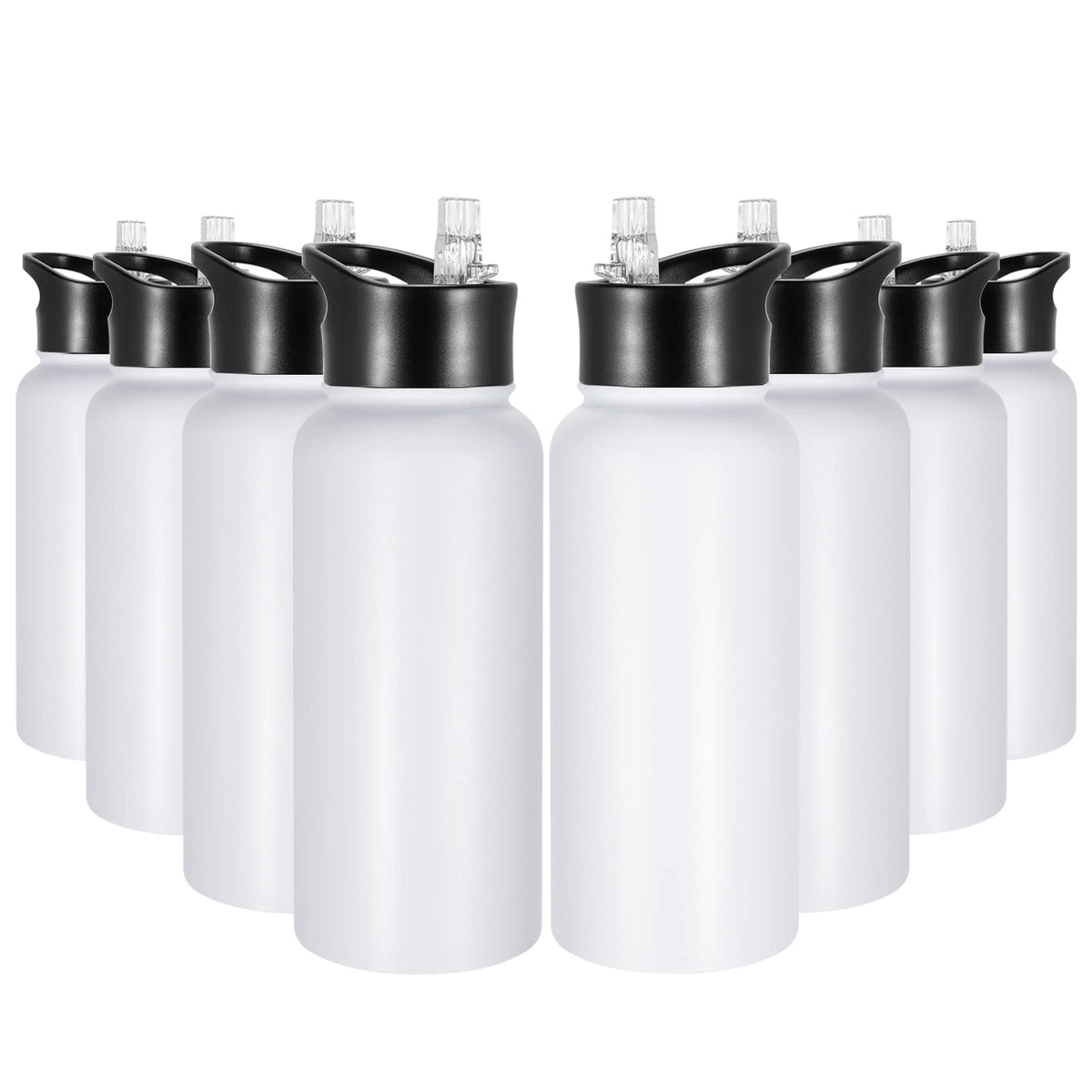 32 oz Insulated Water Bottle Bulk 8 Pack, Stainless Steel Sports Water Bottles with Straw Lid & Wide Mouth Lids, Double Walled Vacuum, Leak Proof, White