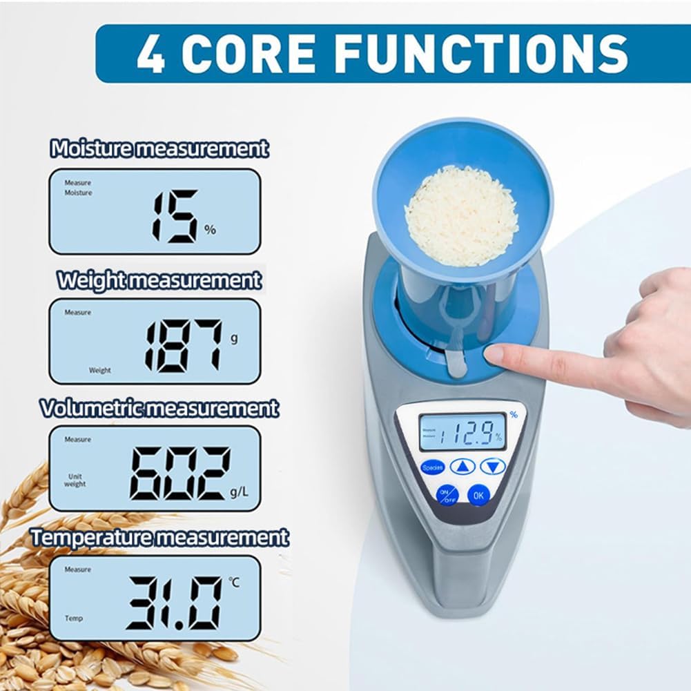 Coffee Bean Moisture Meter, 4-in-1 Grain Moisture Meter, with LCD Display, Measurement Range 3-35%, Quick 10S Measurement, Multi-Point Calibration, for 35 Kinds of Grains