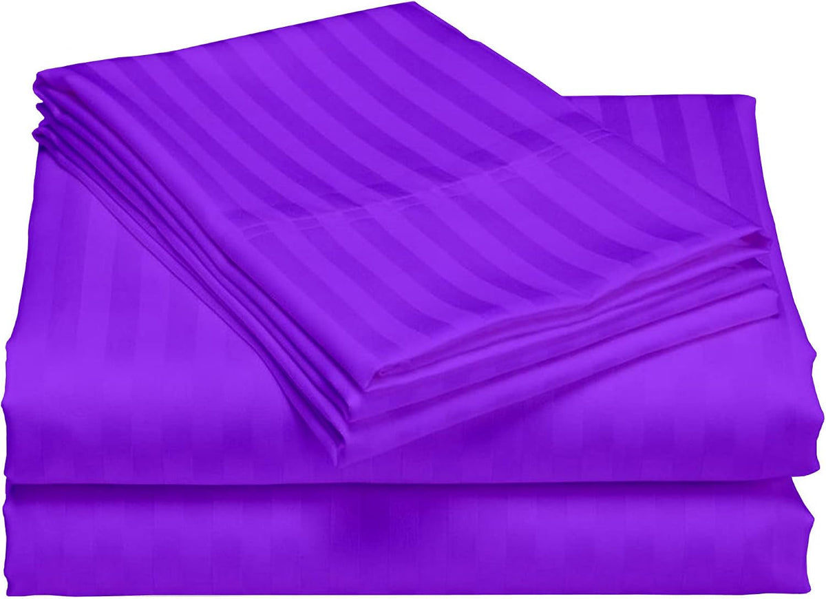 USA California King Sheet Set in Purple Stripe 400 Thread-Count 100% Egyptian Long Staple Cotton, Sateen Weave for Soft and Silky Feel, Breathable 4-Piece Bedsheet, Elasticized 24'' Extra Deep Pocket
