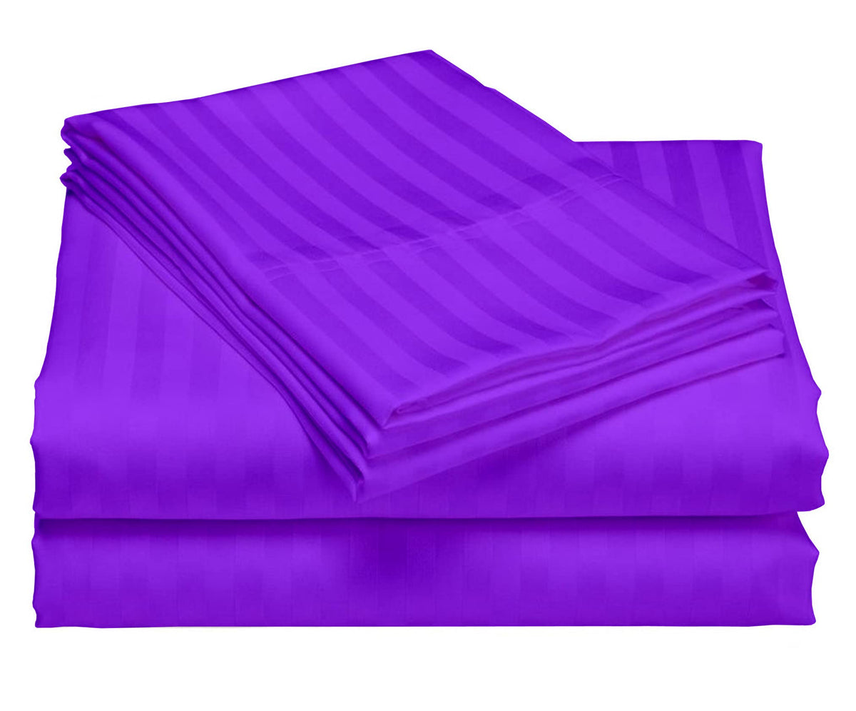 USA Short Queen Sheet Set in Burgundy Stripe 400 Thread-Count 100% Egyptian Long Staple Cotton, Sateen Weave for Soft and Silky Feel, Breathable 4-Piece Bedsheet, Elasticized 24'' Extra Deep Pocket